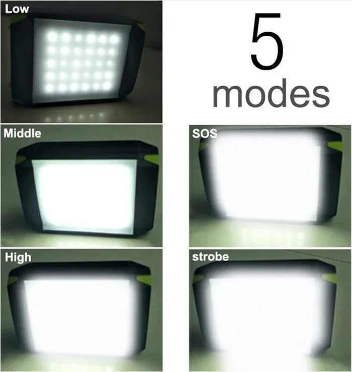 Rechargeable LED camping lantern with 5400mAh USB power bank, 30 LEDs, and nine light modes, black aluminium alloy and ABS body