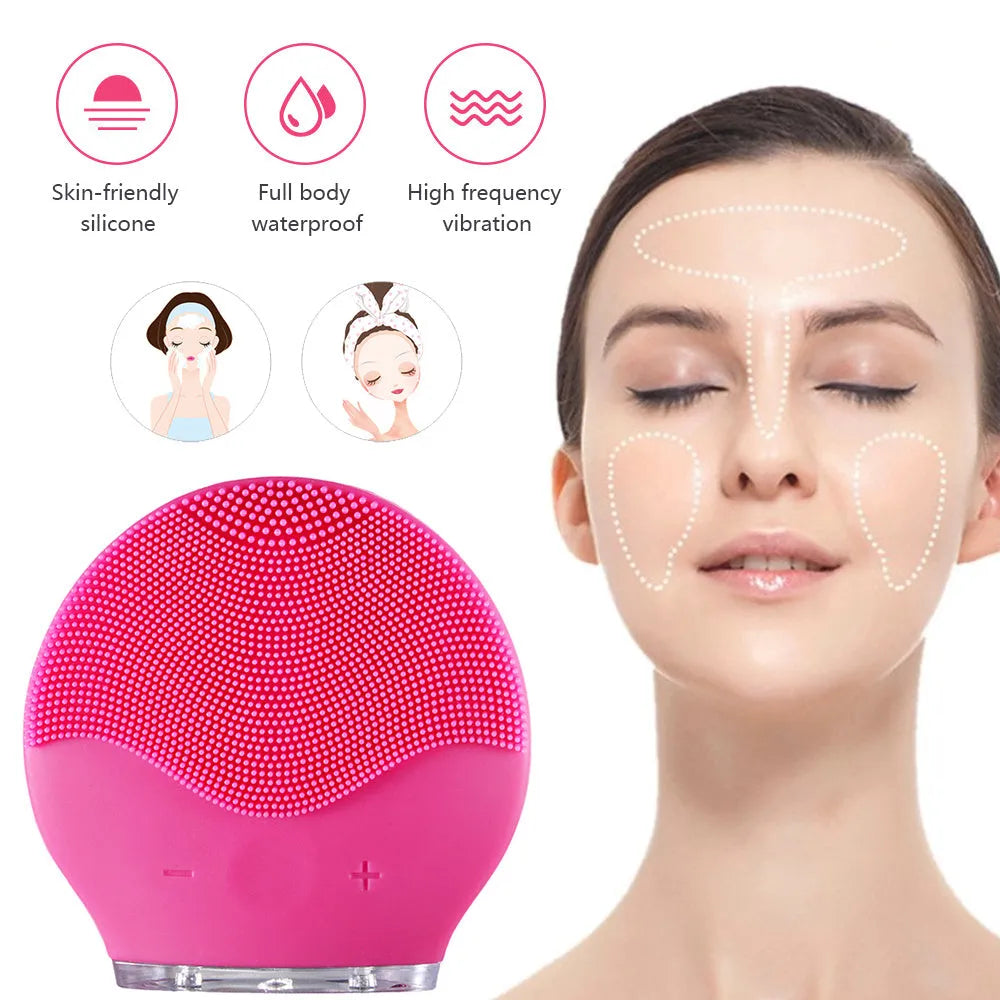 Electric waterproof silicone cleansing instrument mini facial brush in pink with USB cable