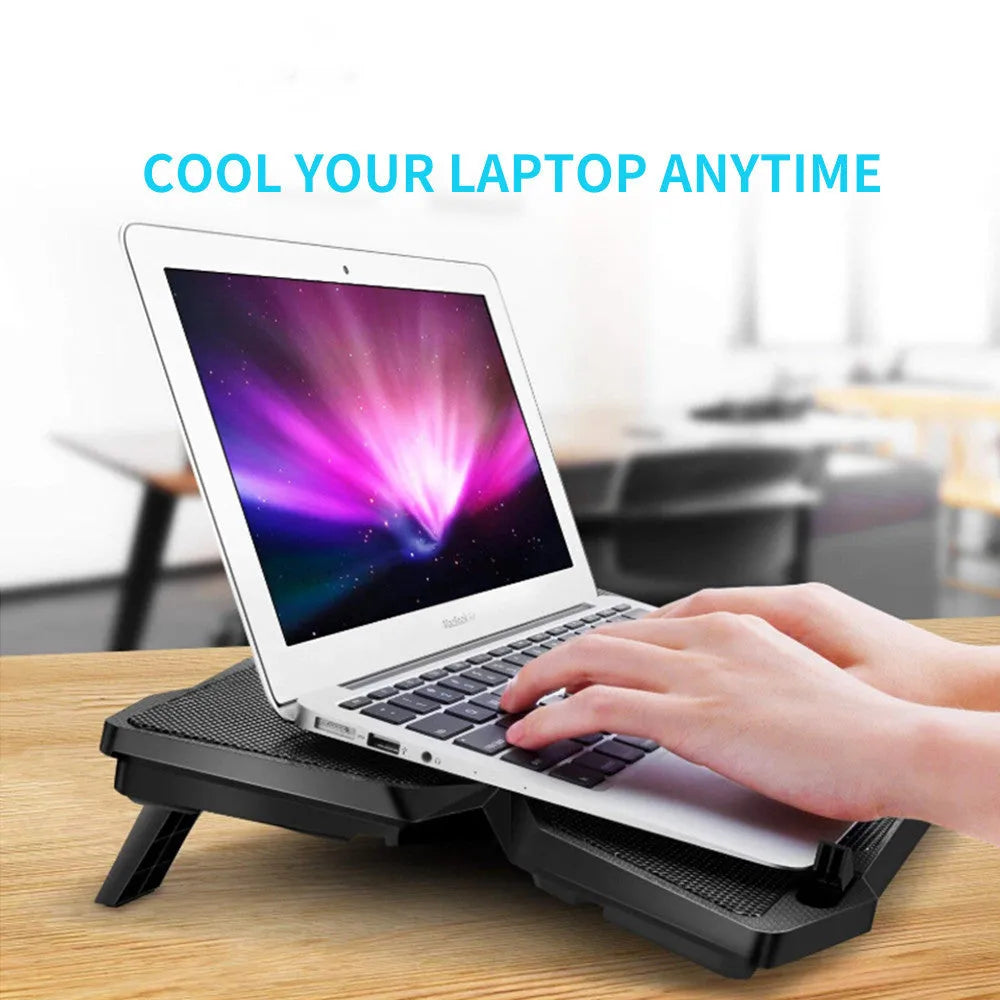 Blue computer cooling base with four cooling fans and two USB ports on front panel