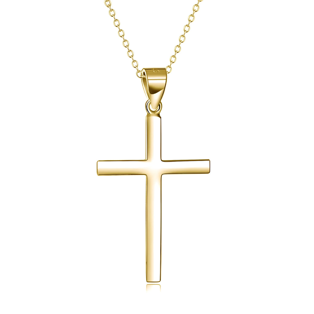 Sterling silver cross pendant necklace yellow gold plated 18 inch cable chain on white background