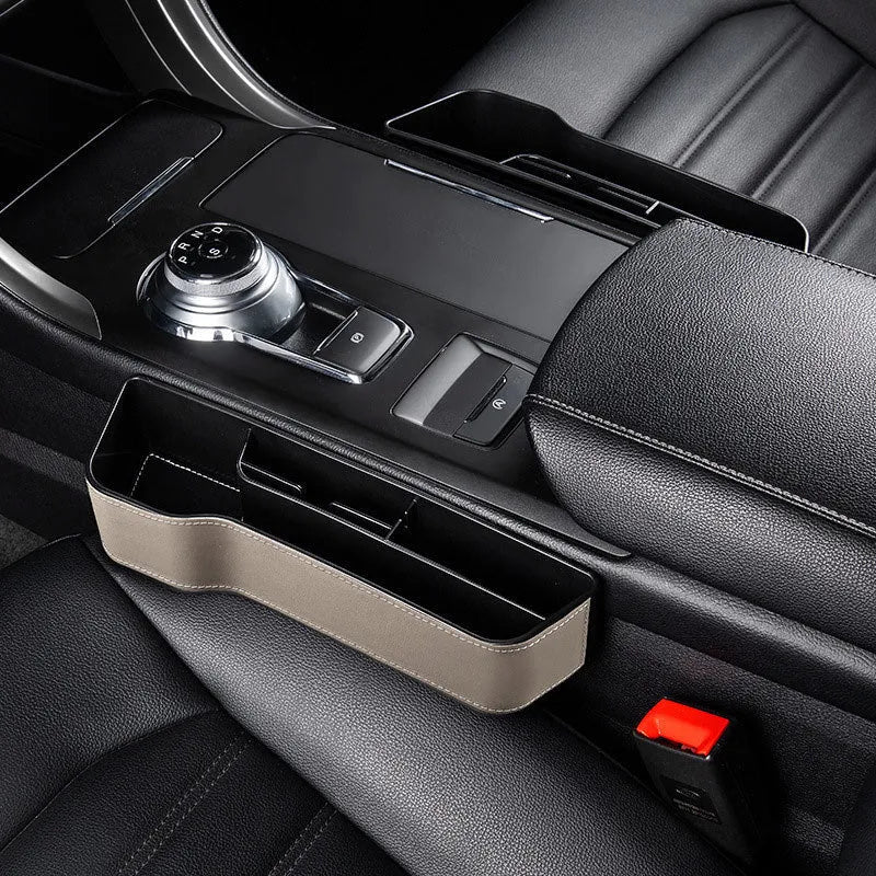 Black leather car seat gap storage box with cup holder and USB cable for car interior organisation