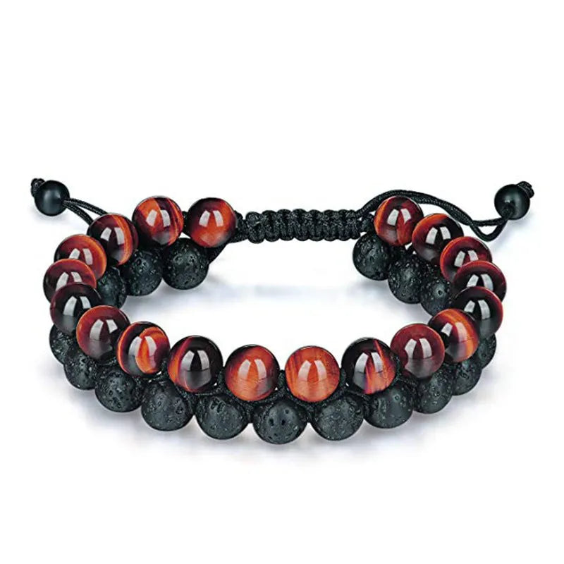 Geometric couple bracelets with tiger eye and matte black agate beads