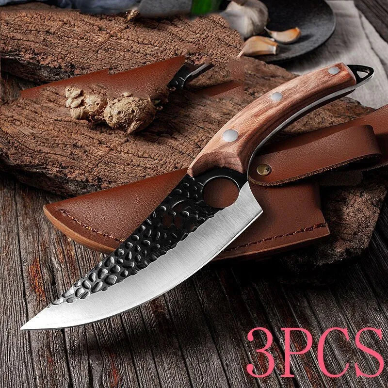 Small curved scimitar butcher knife and boning knife set with leather sheath