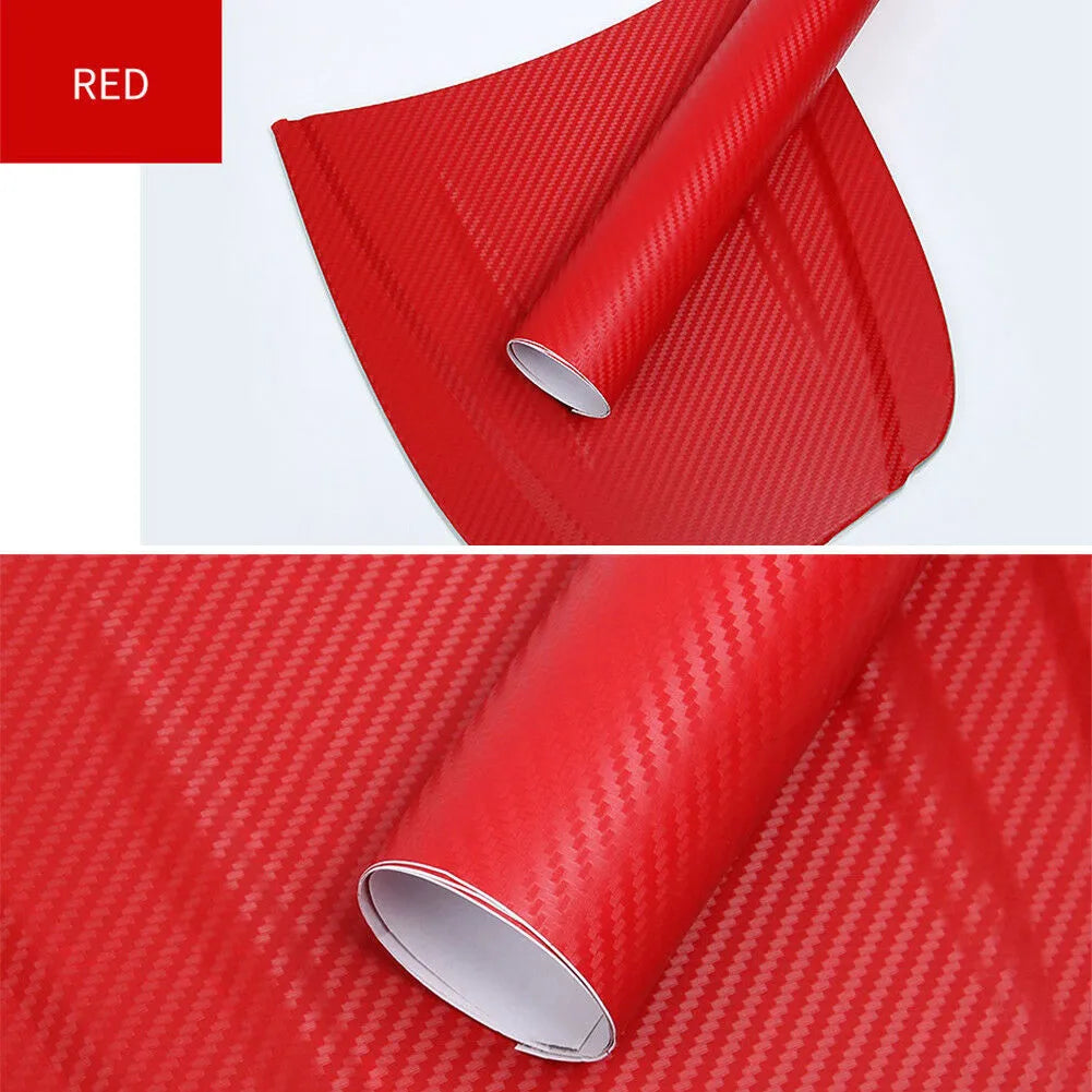 Roll of 3D carbon fibre pattern vinyl sticker for cars, showing multiple colour options.