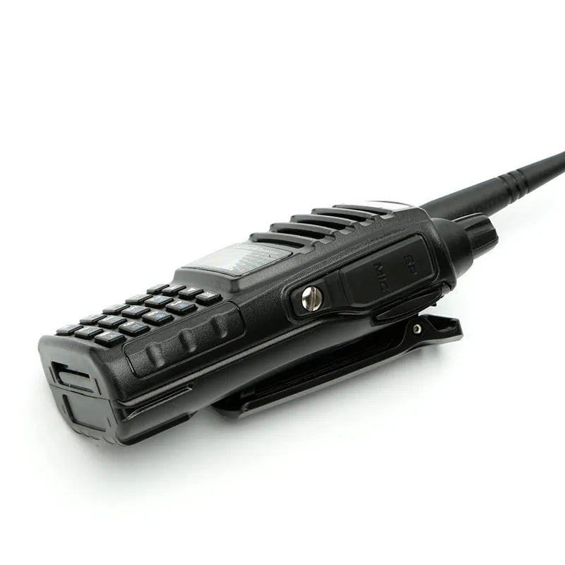 BF-UV82 8W walkie talkie in black with antenna and belt clip on a table