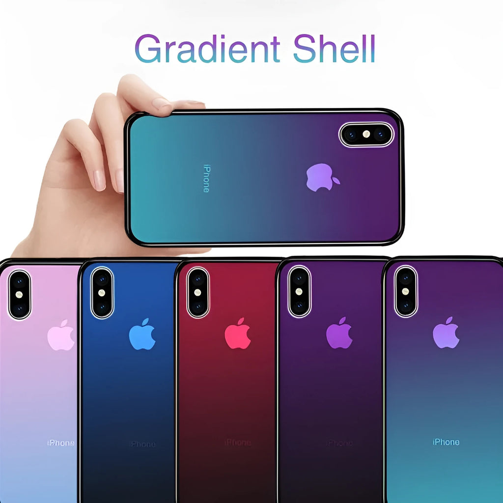 Gradient tempered glass shockproof phone case for iPhone with aurora finish and soft TPU bumper