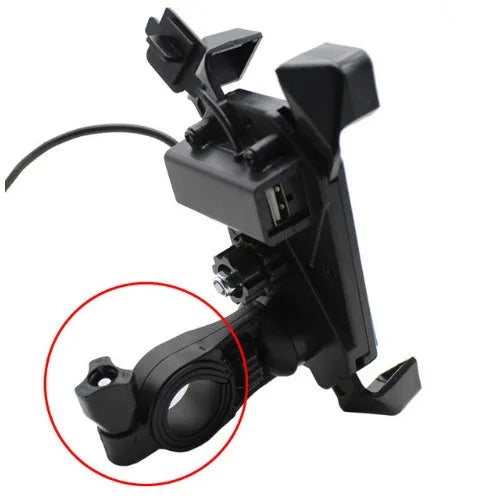 Black ABS motorcycle phone holder with USB port mounted on a handlebar, showing phone clamp and charging cable.