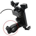 Black ABS motorcycle phone holder with USB port mounted on a handlebar, showing phone clamp and charging cable.