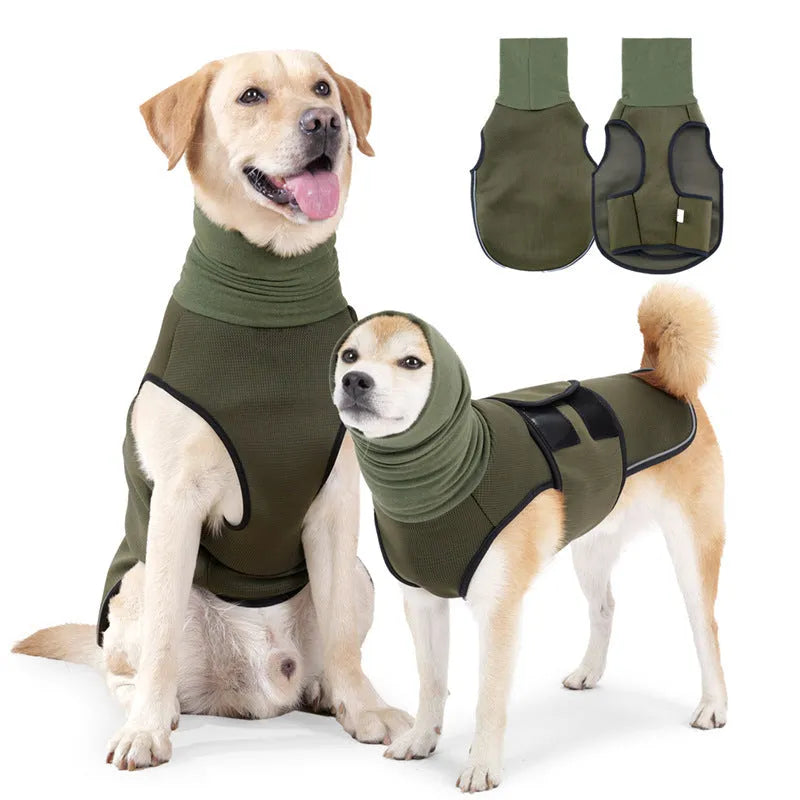 Dog wearing polyester anti-anxiety jacket in army green colour, sizes available from XS to XXXL