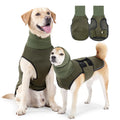 Dog wearing polyester anti-anxiety jacket in army green colour, sizes available from XS to XXXL