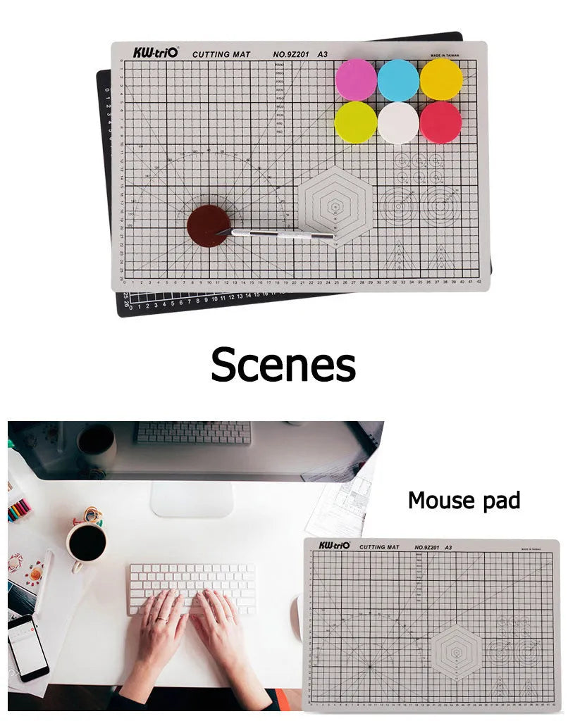 Green A3 self-healing cutting mat with centimetre grid lines on a wooden desk.