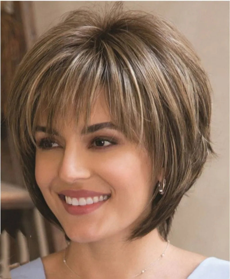 Mixed blonde brown short wig on stand, realistic supple synthetic hair, heat resistant, women's wig