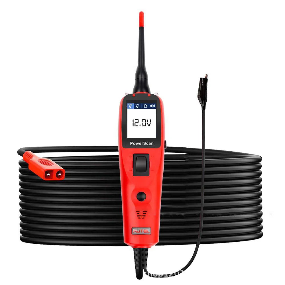 Autel PowerScan PS100 circuit tester with 20-foot cable and built-in flashlight on a car battery