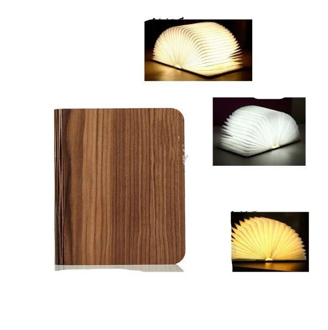 Solid wood USB-powered book light in three size options on a wooden table.