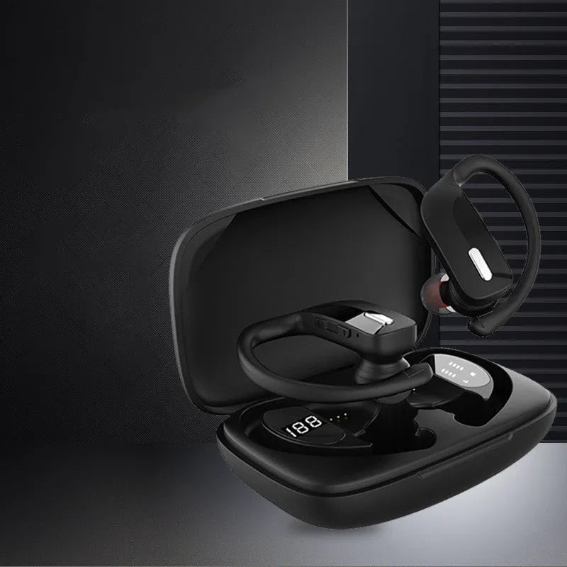 LED Digital Display Hanging Ear Bluetooth 5.0 Wireless Headset in black with battery indicator