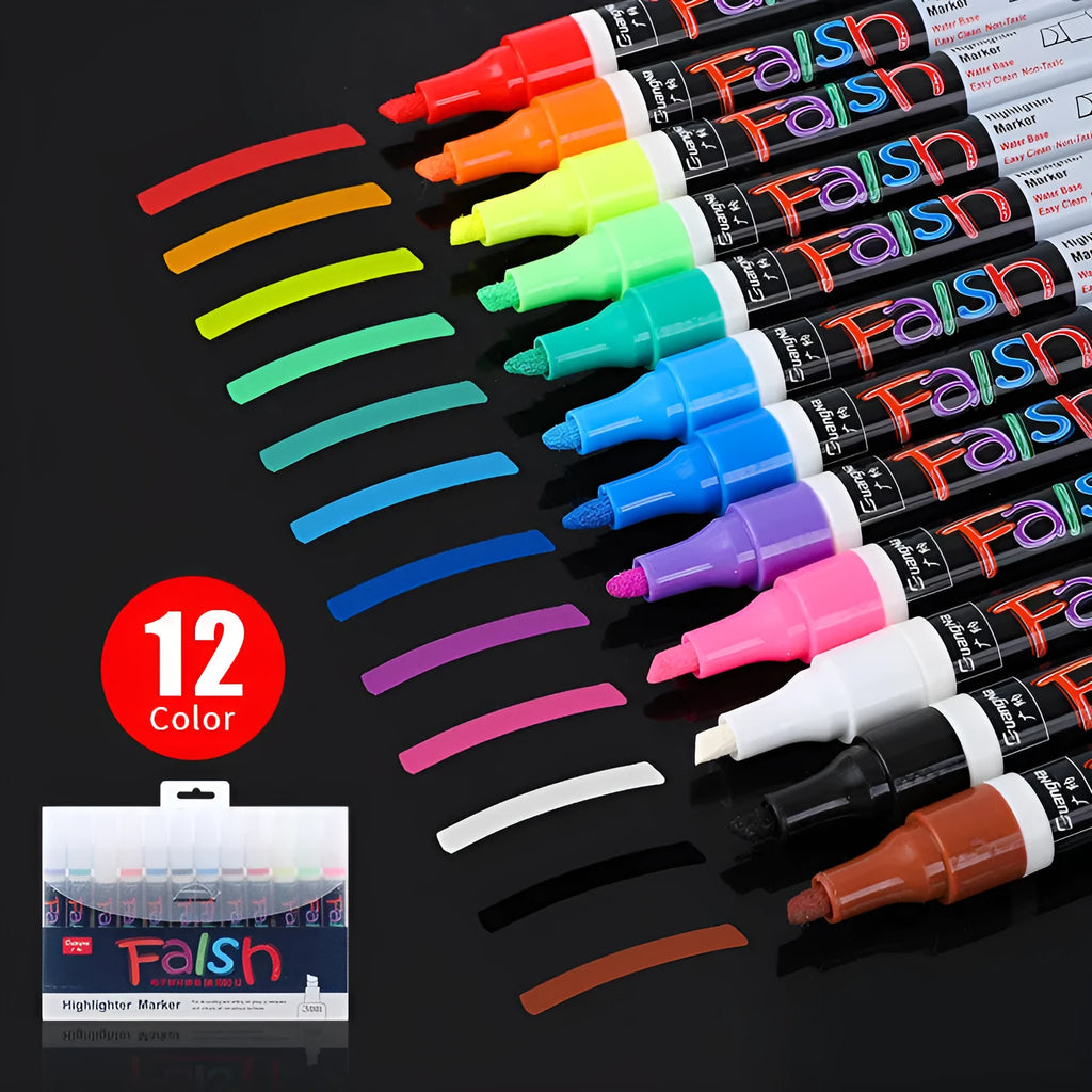 Oblique-shaped electronic fluorescent plate highlighter pen with plastic shell and 6mm tip, shown with multi-colour refills.
