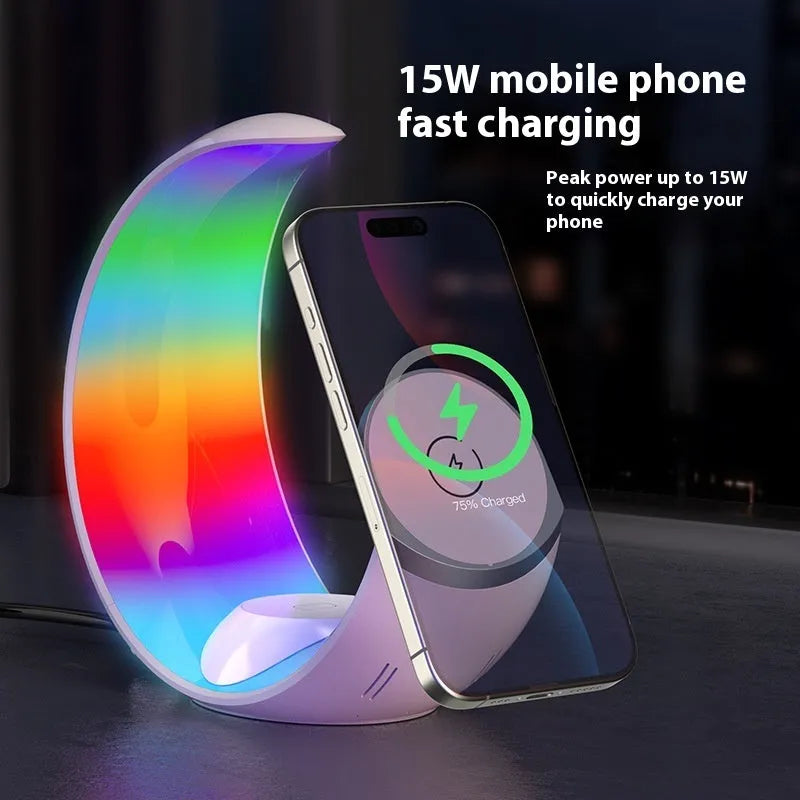 White wireless ambience light and 18W QC3.0 fast charger for bedside use with mobile phone