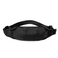 Black oxford cloth waist pack showing front zip and interior phone and ID pockets.