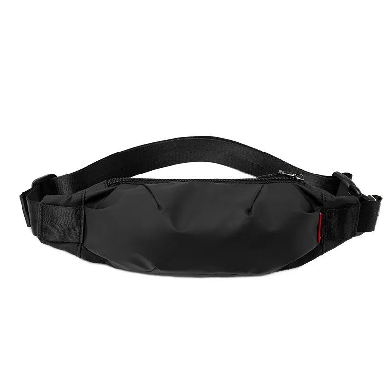 Black oxford cloth waist pack showing front zip and interior phone and ID pockets.