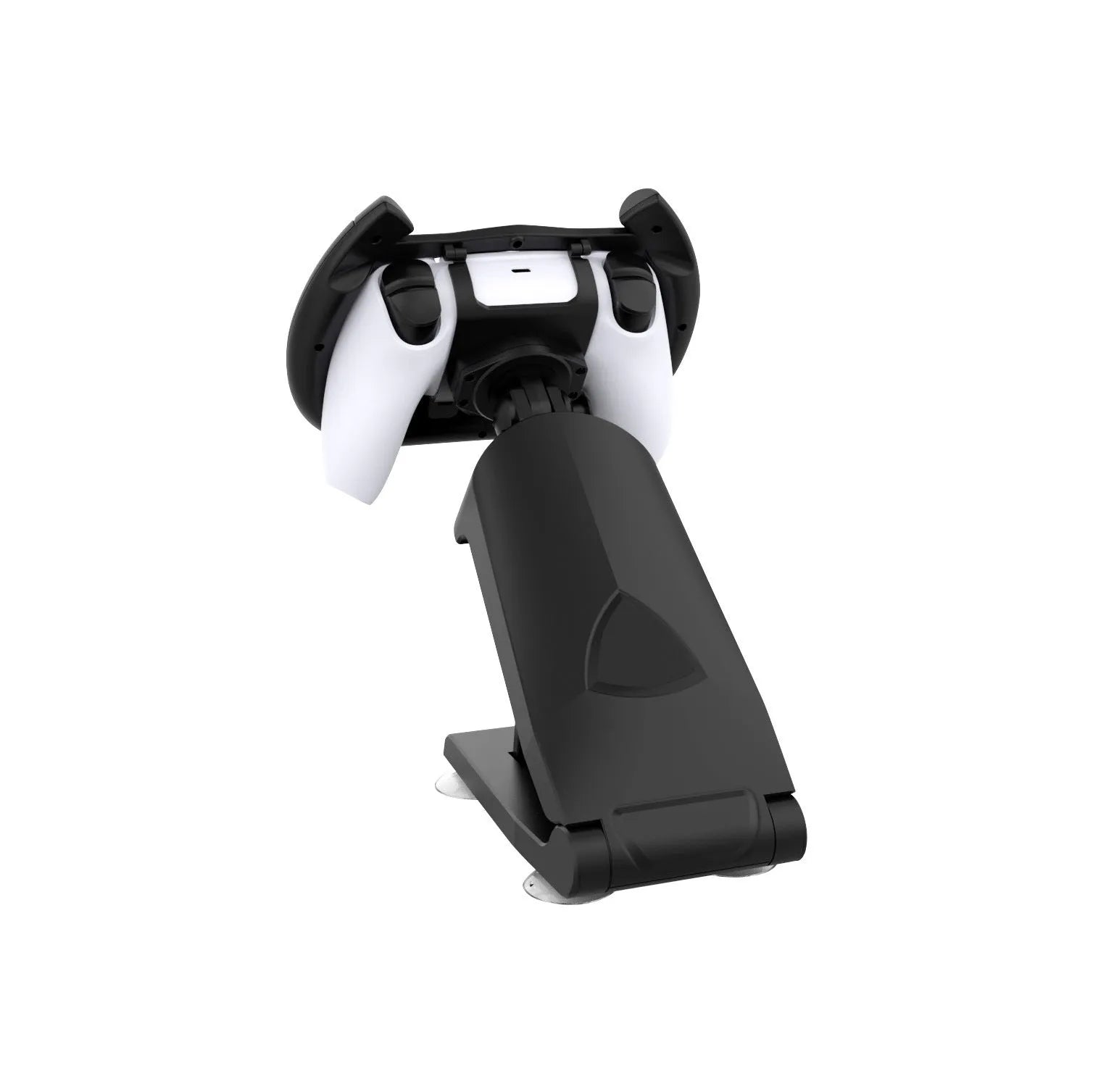Black ABS gamepad steering wheel bracket with suction cup for mounting a mobile phone.