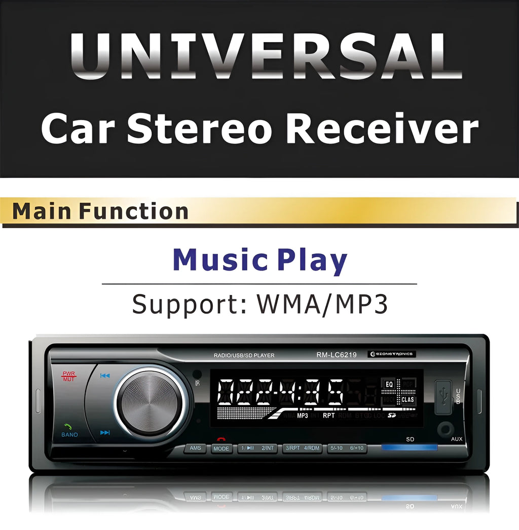 Car stereo with Bluetooth, USB port, SD card slot, auxiliary input, and display screen
