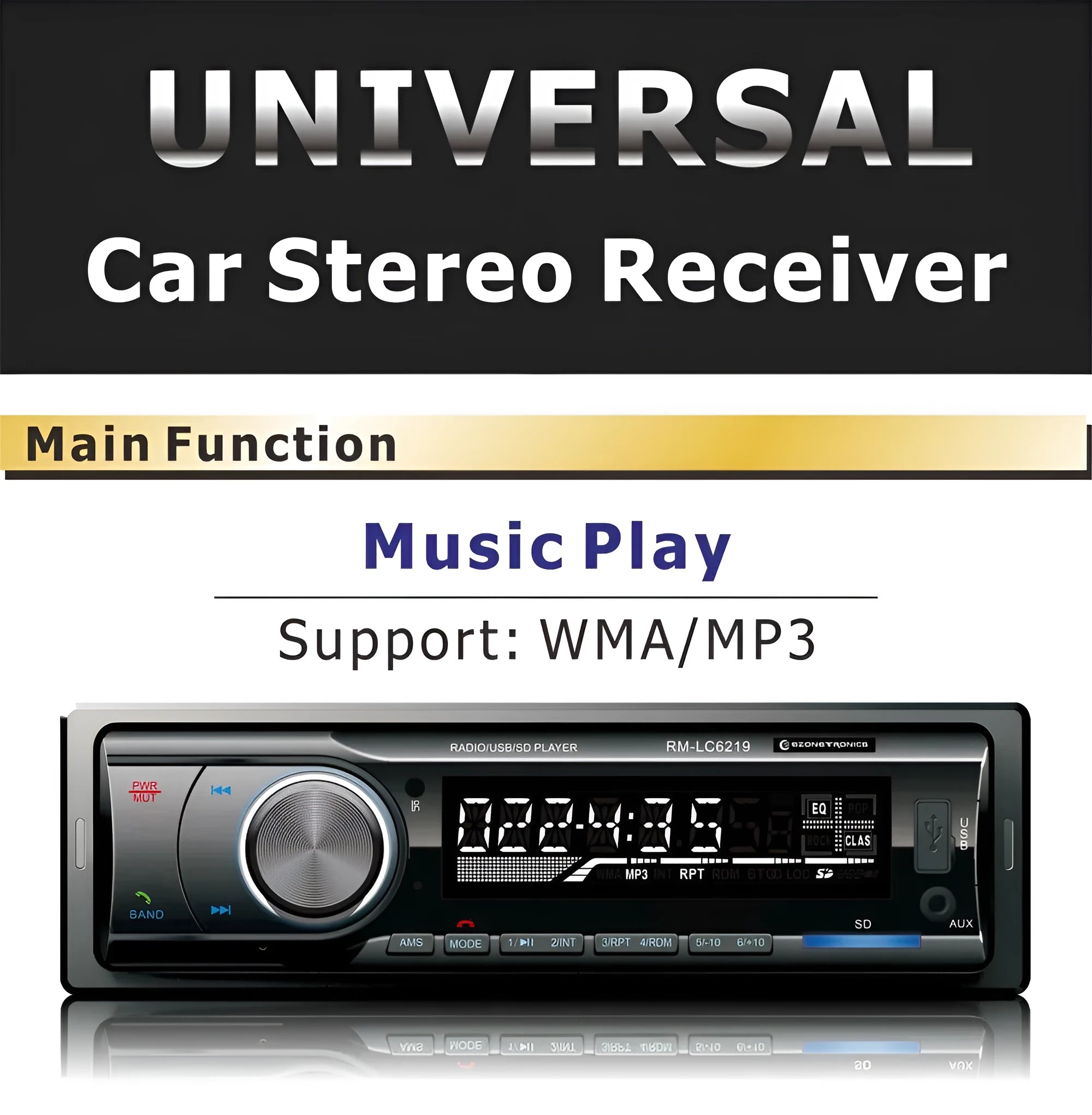 Car stereo with Bluetooth, USB port, SD card slot, auxiliary input, and display screen