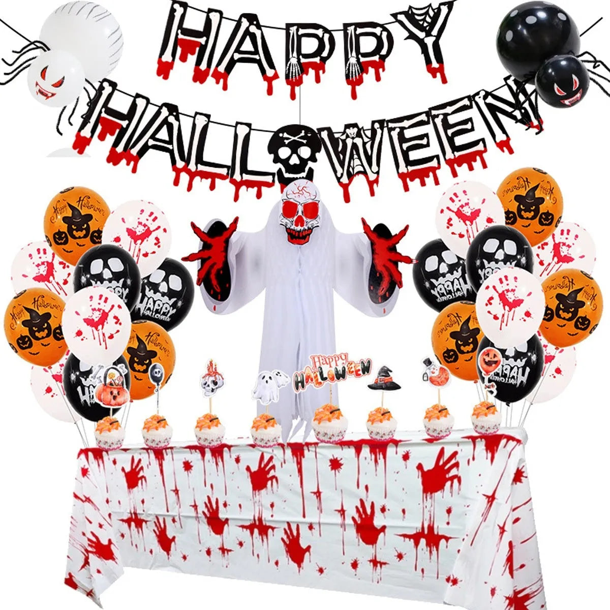 Halloween balloon decoration combo with spider arch and skull pumpkin themed balloons in white and black colours