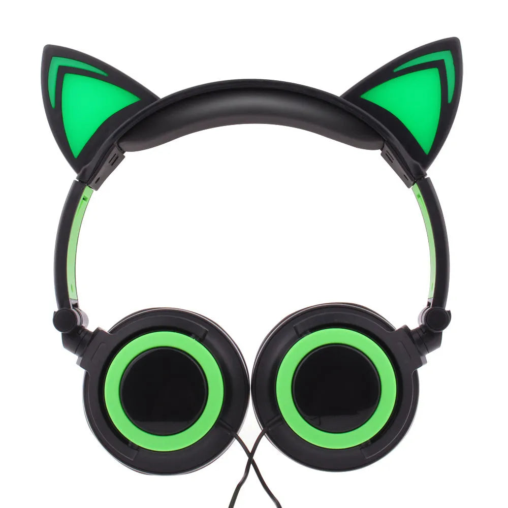 Colourful LED cat ear headphones showing illuminated ears and cushions on a black background