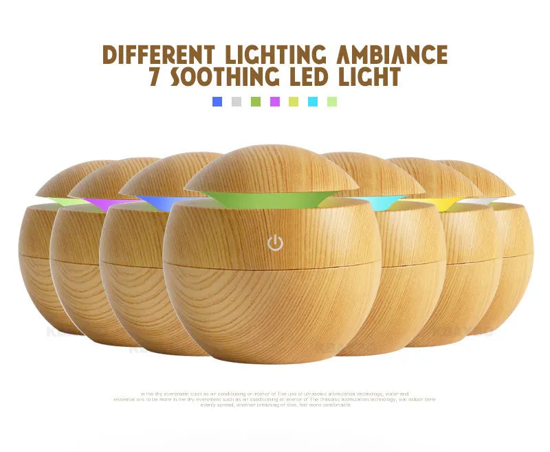 USB ultrasonic aroma essential oil diffuser humidifier 130ml light wood colour with blue LED night light