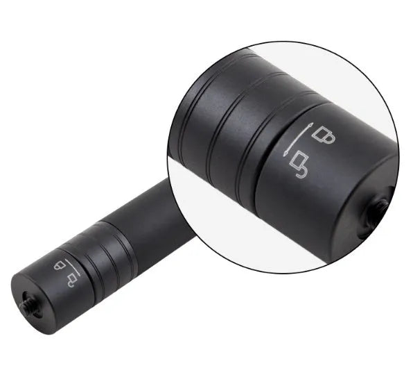 Black retractable aluminium selfie stick extended to its full 1-metre length with a universal phone mount attached.
