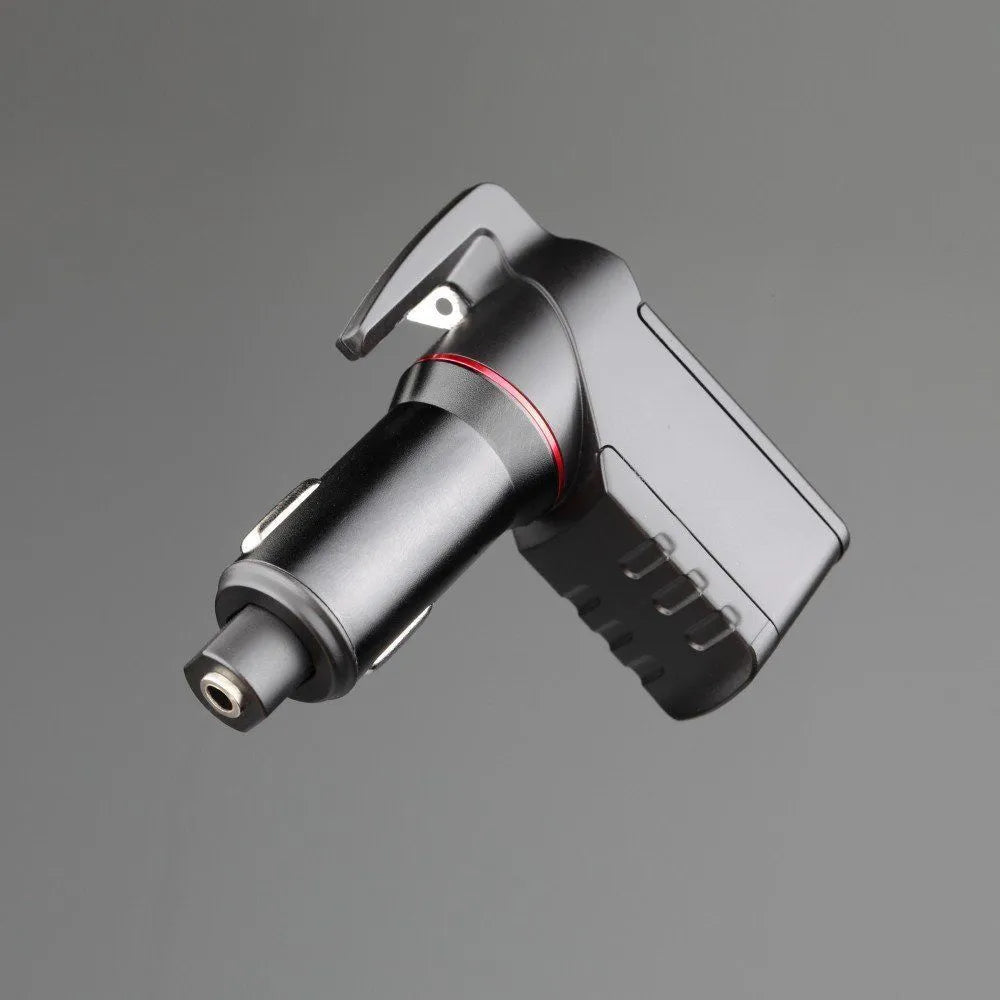 Black car safety hammer with PC polycarbonate body, tungsten steel tip, and seat belt cutter on grey background