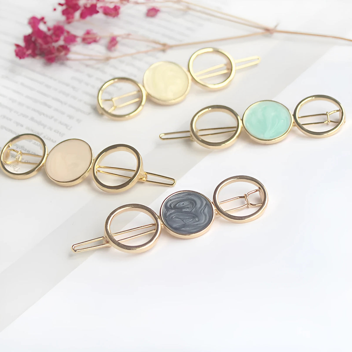 Round metal hairpin with opal crystal in silver plating, 7cm, beige colour, geometric shape