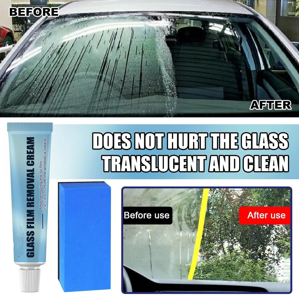 Blue car glass oil film remover and soft sponge applicator on a white background