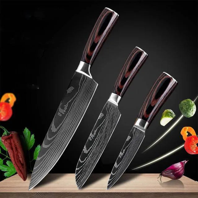 7Cr17 stainless steel kitchen knife with Damascus pattern blade and coloured wood handle on a cutting board.