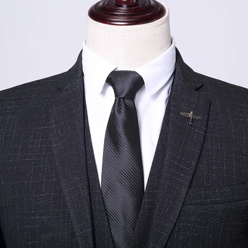 Men's three-piece suit set in Dark Grey or Navy Blue, acetate fabric, sizes M to 4XL