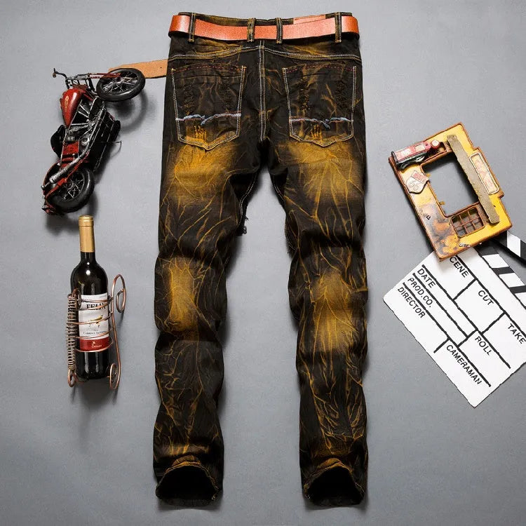 Rugged biker cargo pencil jeans in army green for men, multiple pockets and zip details