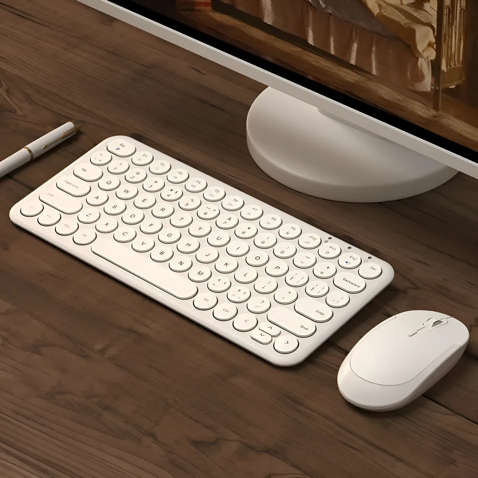 Mute brand ultra-thin wireless keyboard and mouse set with USB receiver on a wooden desk.
