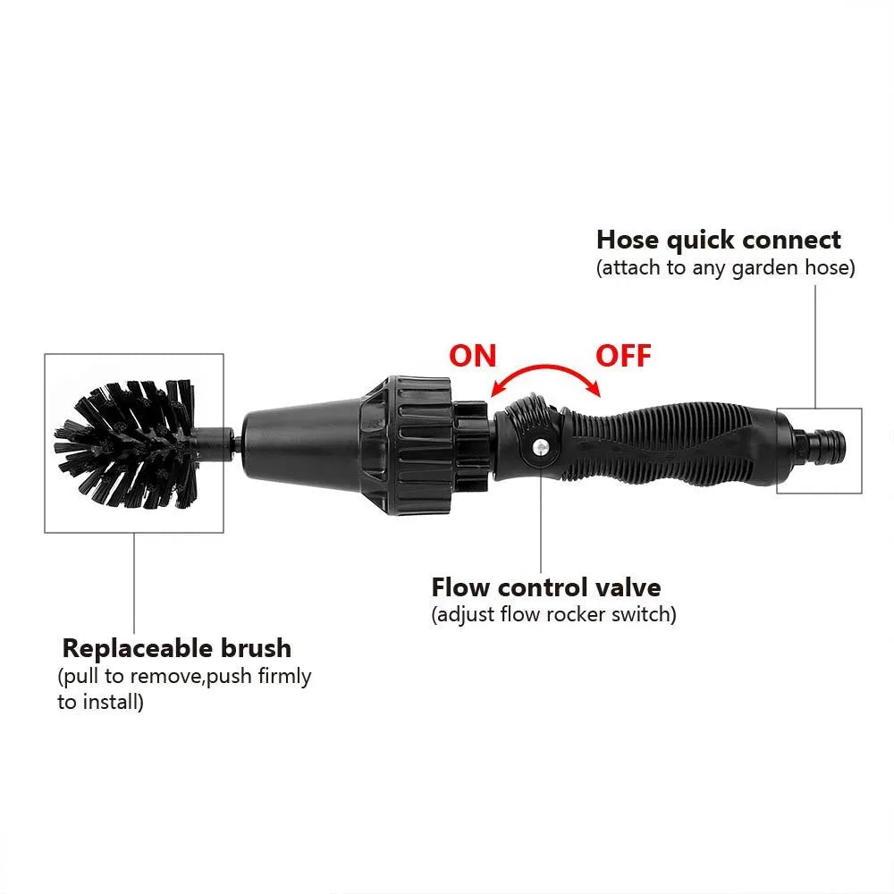Water-driven rotary cleaning brush in black and yellow for car tyre and wheel cleaning with garden hose