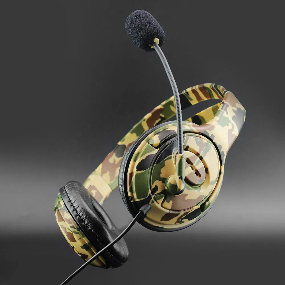 Camouflage wired over-ear headphones with 3.5mm straight plug on a plain background