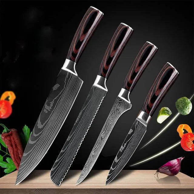 7Cr17 stainless steel kitchen knife with Damascus pattern blade and coloured wood handle on a cutting board.