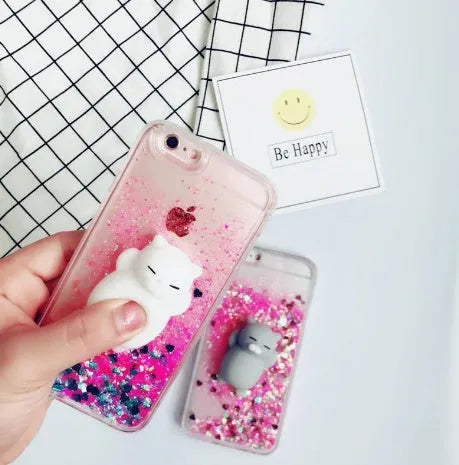 Four colourful cat phone cases with glitter for iPhone models 6 to X