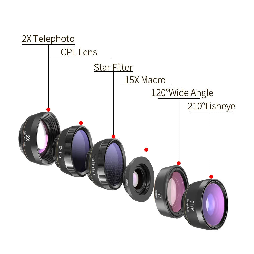 Black 6-in-1 smartphone camera lens kit with fisheye, macro, wide angle, telephoto, CPL and star filter lenses and a universal clip.