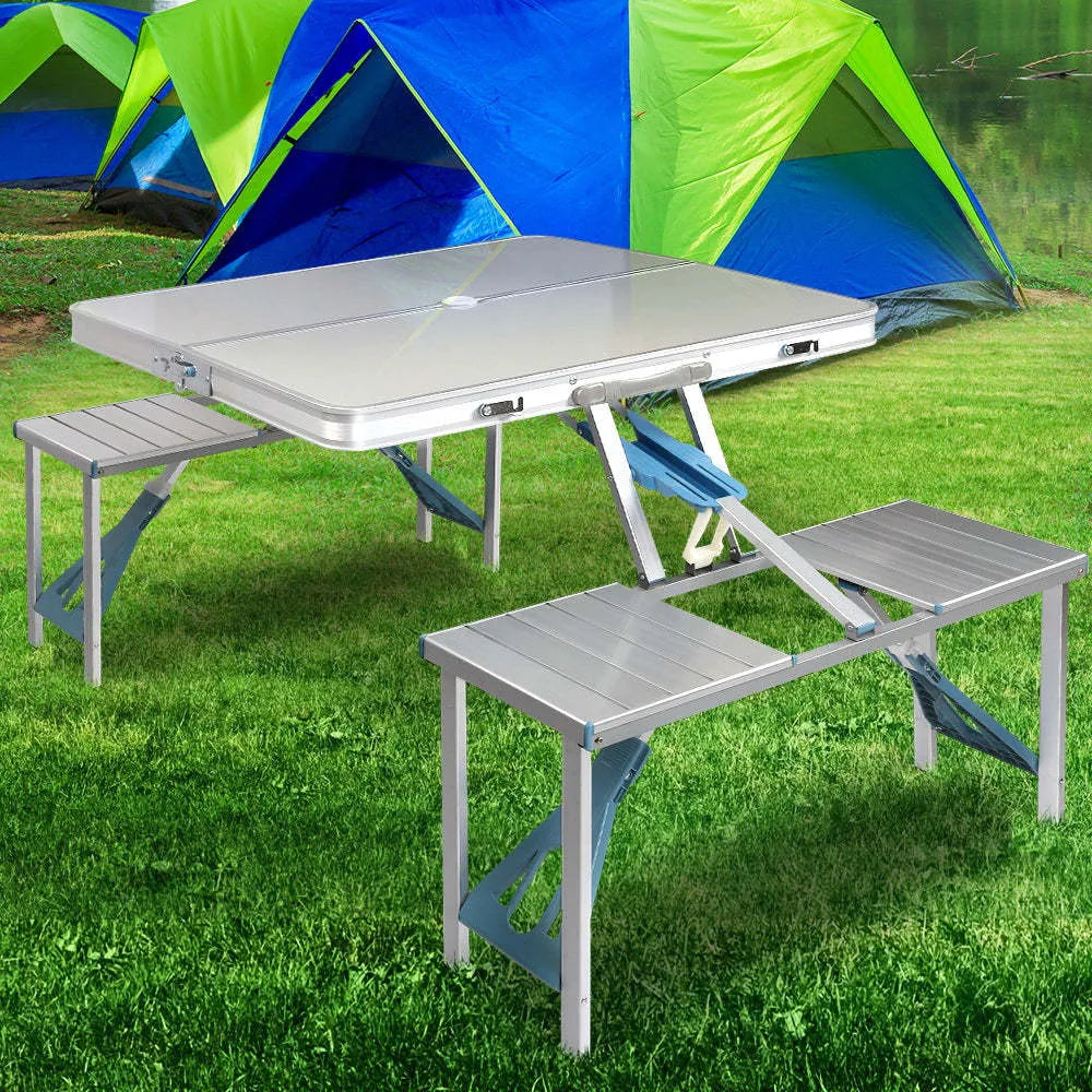 Aluminium alloy one-piece folding table and chair set in silver grey or blue, folded and expanded views, 85.5cm tabletop
