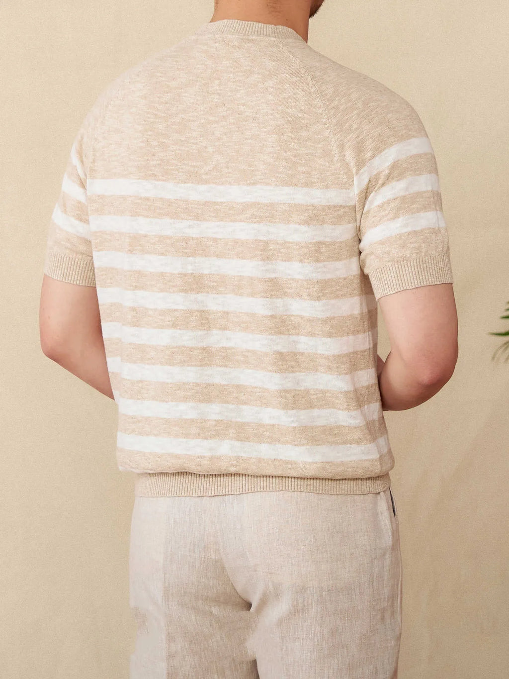 Men's linen cotton blend striped t-shirt with short sleeves and round neck in multiple colour options