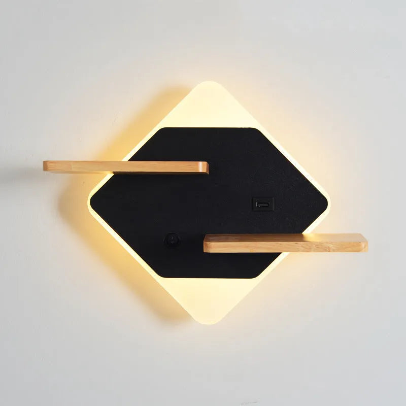 Bedside lamp with phone charging function in round or square design with black, gold or white acrylic shade