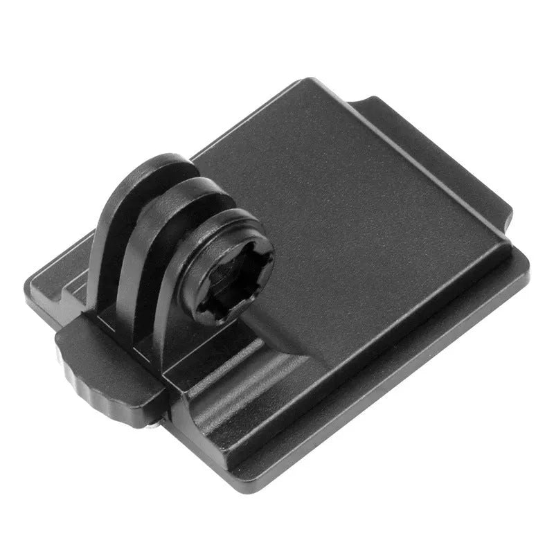 Aluminium alloy action camera helmet mount shown in classic colour next to a fixing bracket.