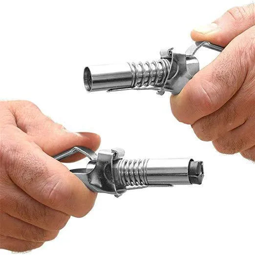 Silver locking grease gun coupler with 10,000 psi rating and 1/8 NPT thread for SAE and metric Zerk fittings