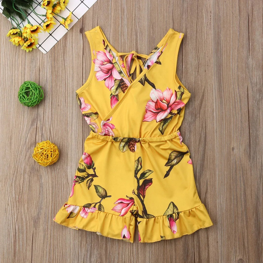 Girls' white and yellow cotton floral summer dress for toddlers and children.