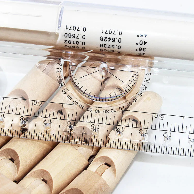 30cm plastic rolling ruler with roller, protractor, magnifying glass, and vertical line holes on white background