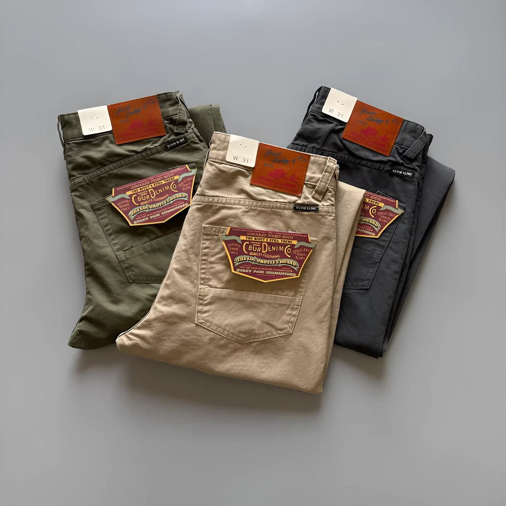 Men's grey straight-leg casual cotton trousers on a hanger.
